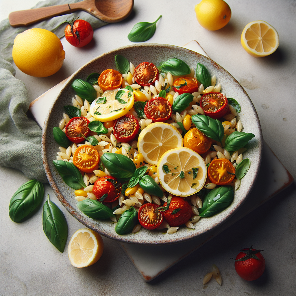 Salade d'orzo au citron et au basilic avec tomates rôties