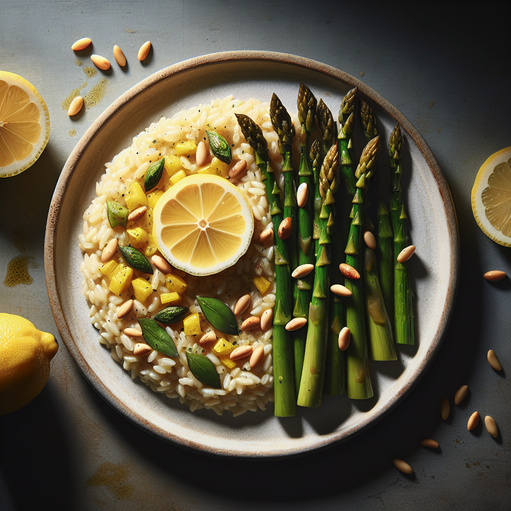 Risotto aux asperges à l'ail et au citron avec noix de pin grillées