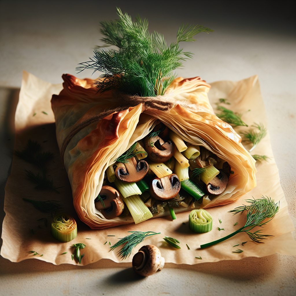 Pâte phyllo farcie aux champignons et aux poireaux avec de l'aneth