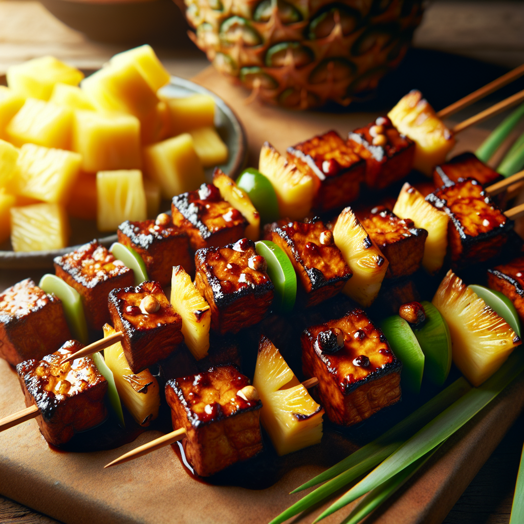 Brochetas de Tempeh glaseadas con soja y jengibre y piña