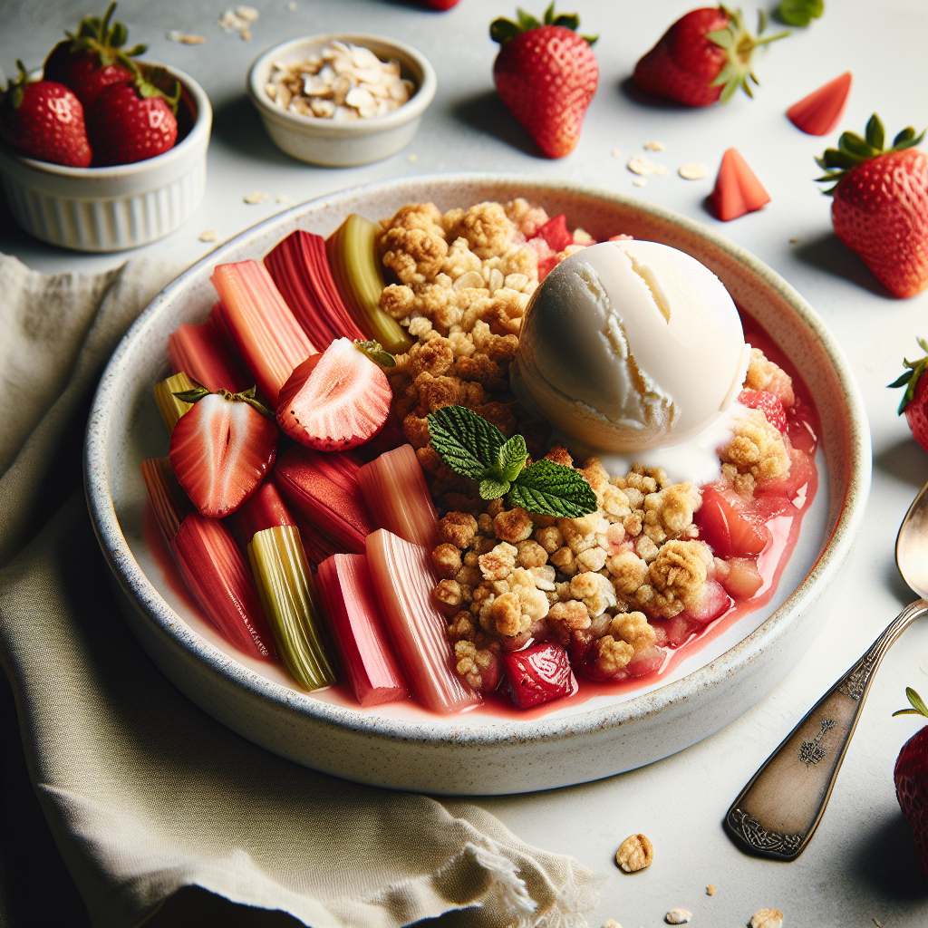 Crujiente vegano de fresas y ruibarbo con helado de coco